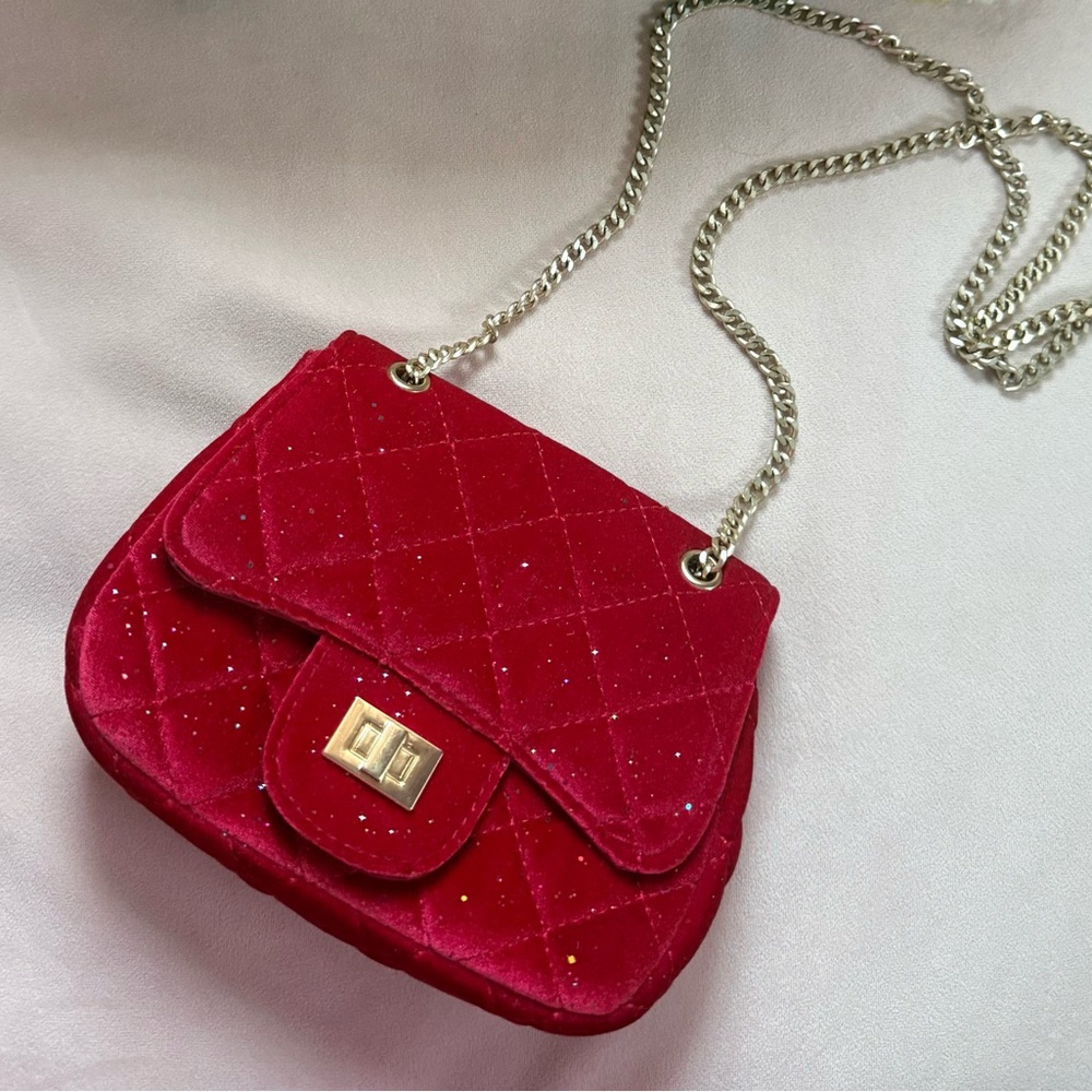 CC Boutique Red Velvet Quilted Bag with Chain Strap